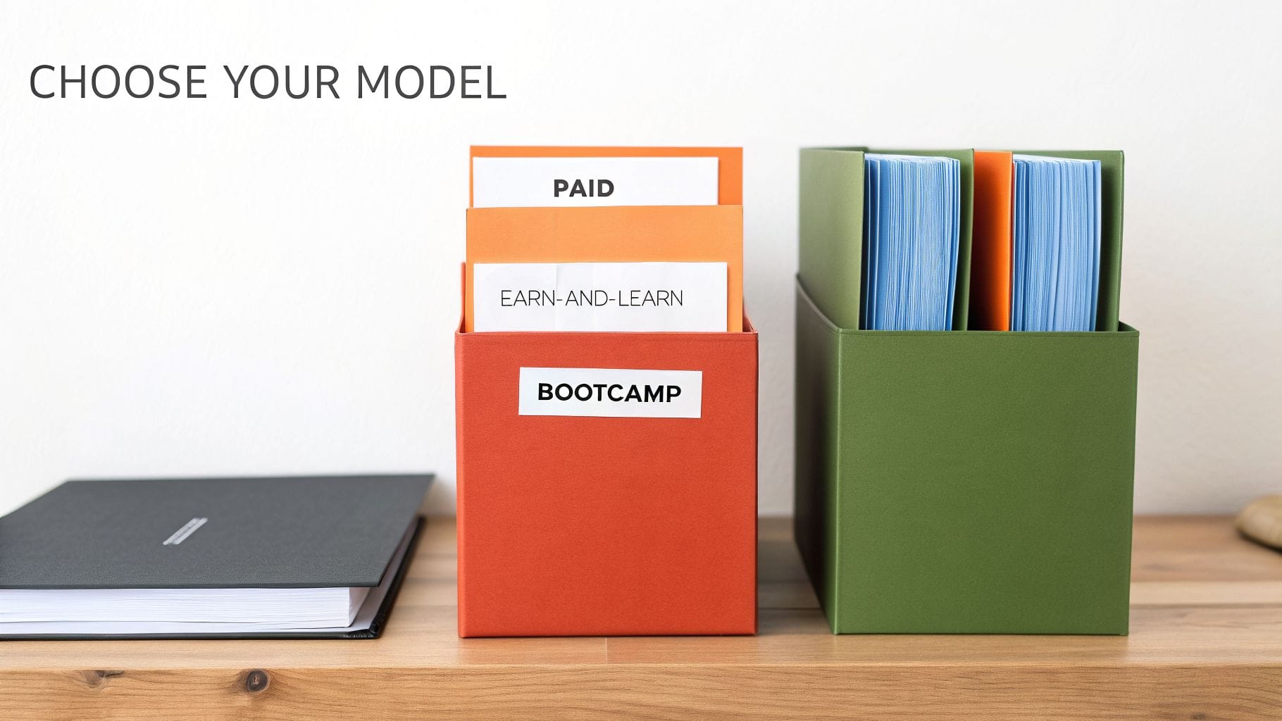 Three labeled boxes, 'Paid,' 'Earn-and-Learn,' and 'Bootcamp,' representing different program models.