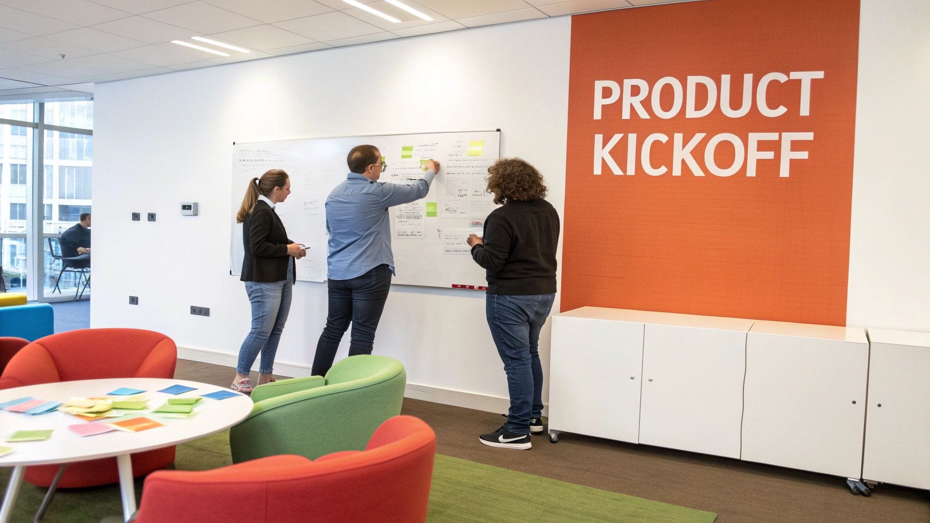 Three colleagues collaborate on a whiteboard during a product kickoff meeting in a modern office.