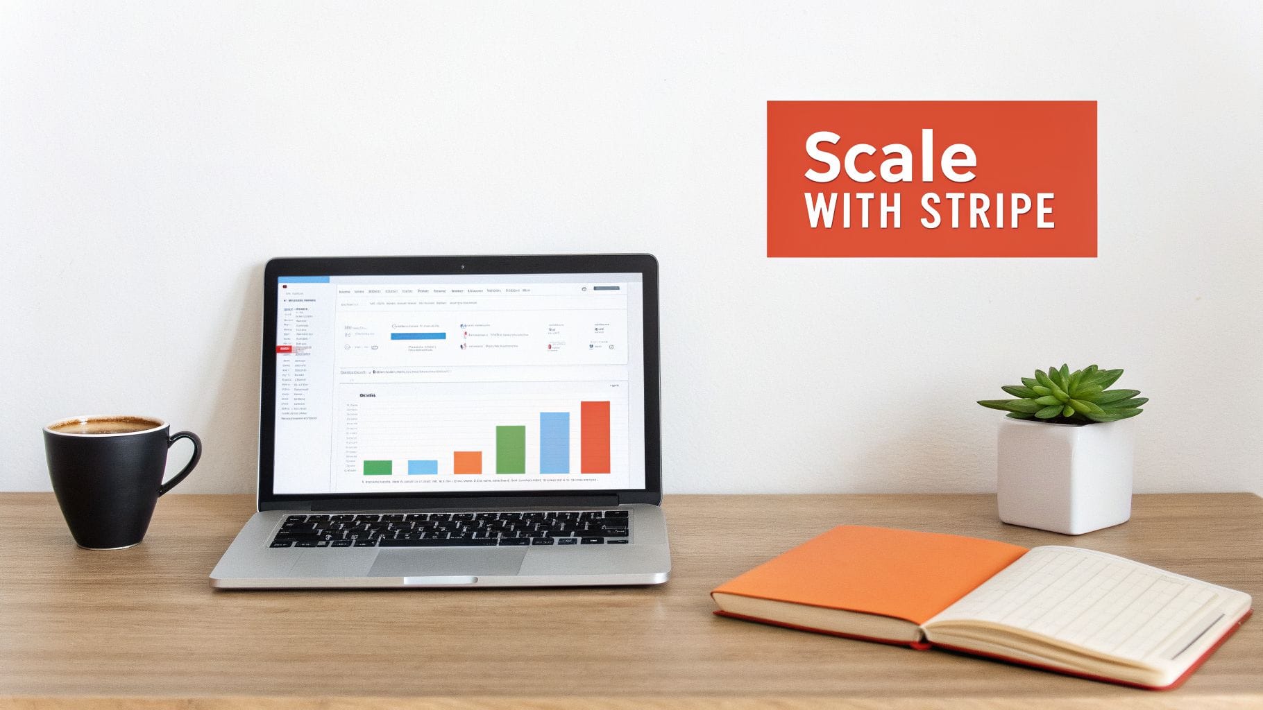 A workspace with a laptop displaying the Stripe dashboard, a coffee mug, and a 'Scale WITH STRIPE' banner.