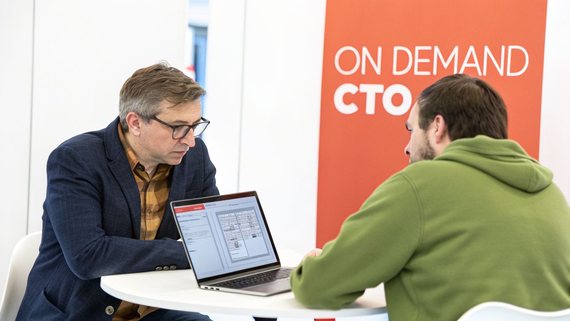 Two men discussing business with a laptop, one wearing glasses, against an 'ON DEMAND CTO' banner.
