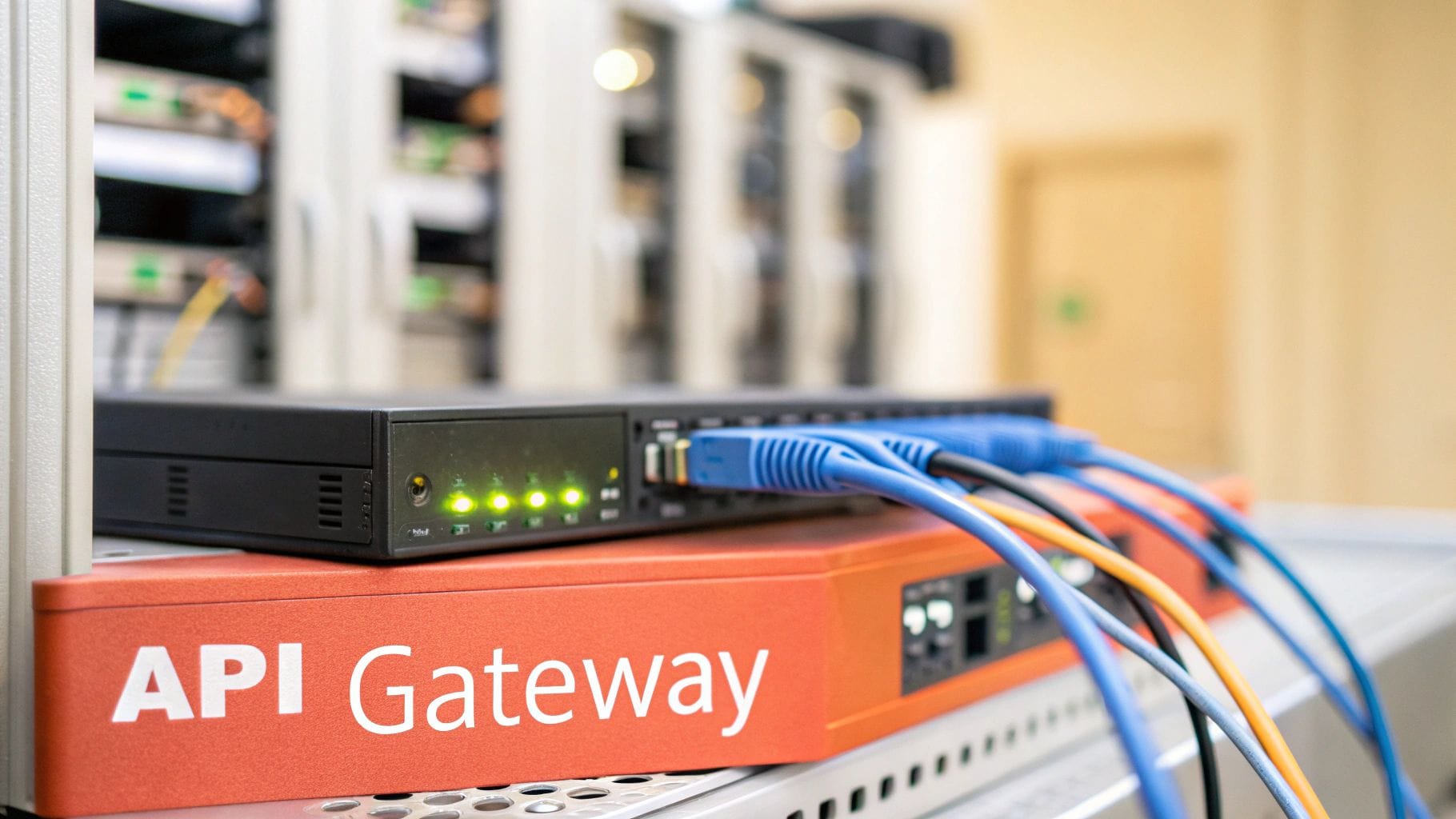 Close-up of network hardware featuring an API Gateway with multiple blue ethernet cables connected and green indicator lights.
