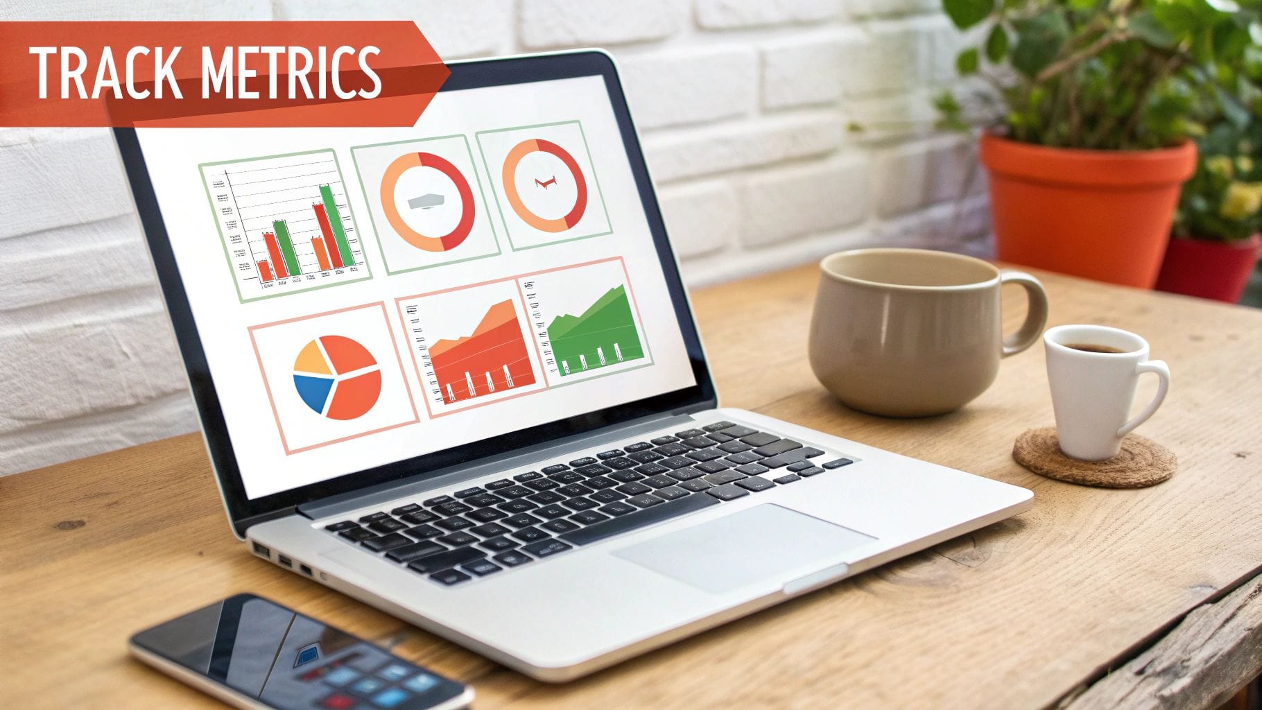 A laptop displays various data analytics charts and graphs, with coffee cups and a smartphone nearby.
