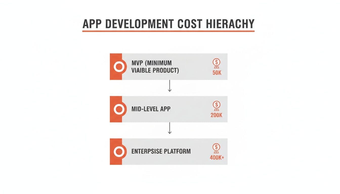 A hierarchy showing app development costs: MVP at 50K, Mid-Level App at 200K, and Enterprise Platform at 400K+.