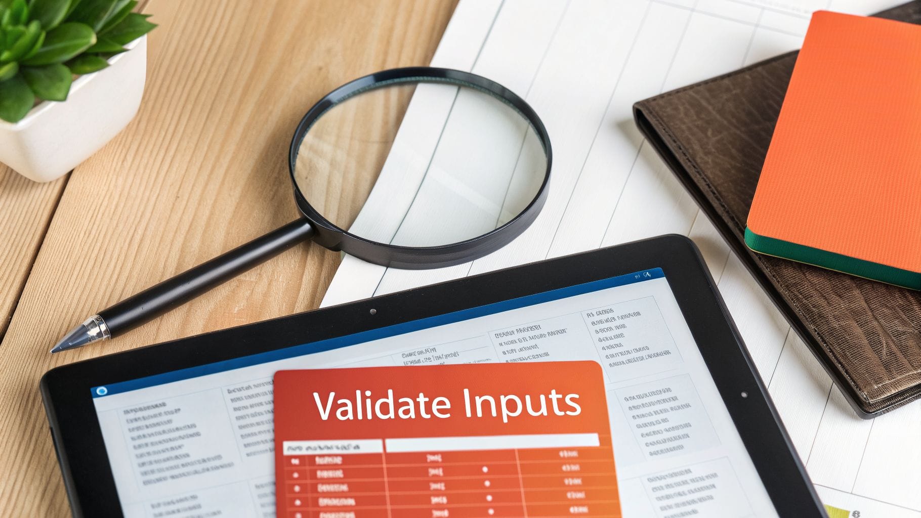 A tablet on a desk shows 'Validate Inputs' with a magnifying glass, pen, and notebook nearby.