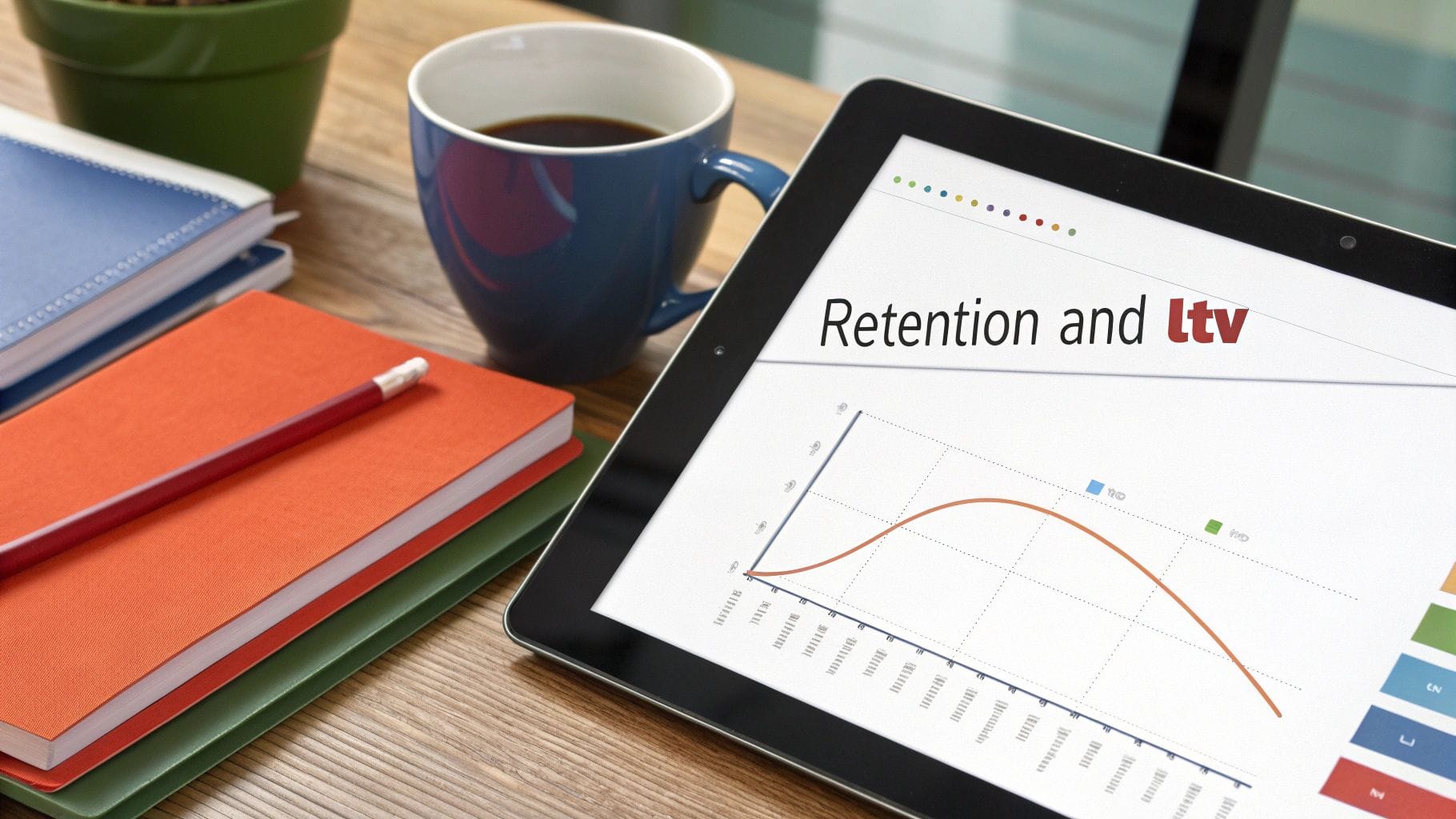 Digital tablet displays a business graph for customer retention and lifetime value on a wooden desk.