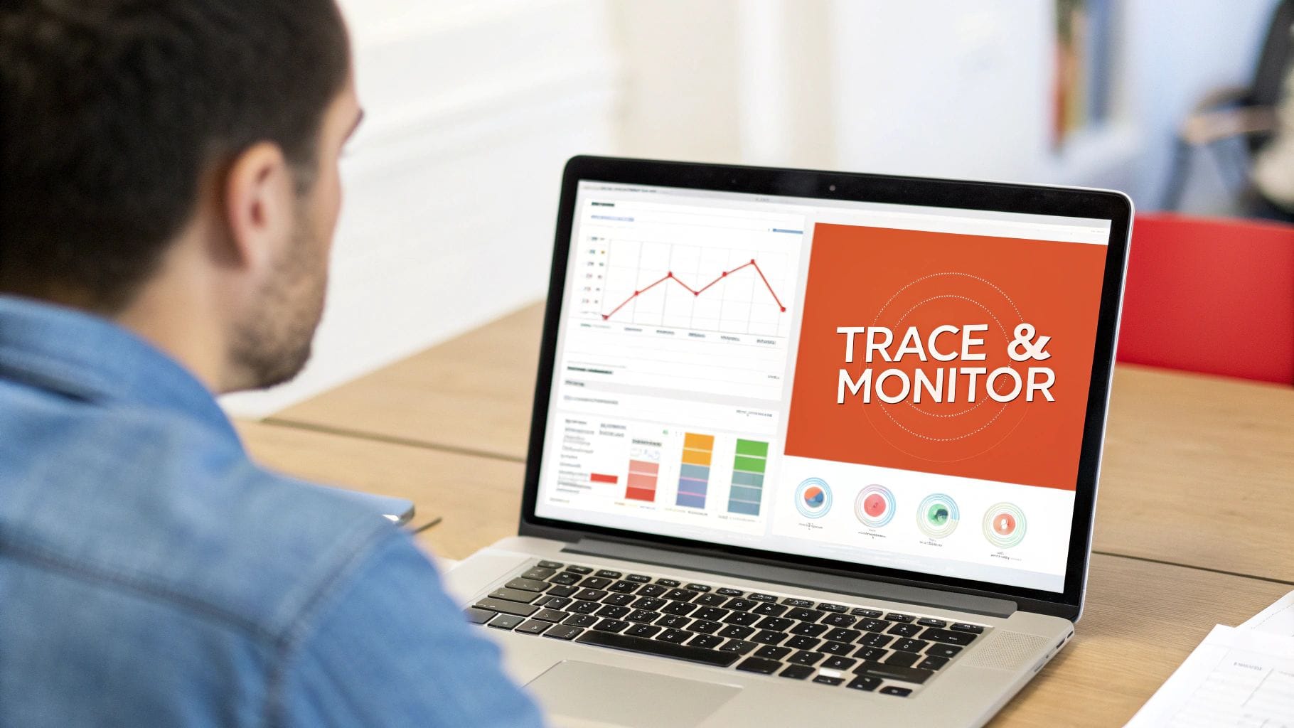 A man monitors a laptop displaying a 'Trace & Monitor' dashboard with charts and graphs.