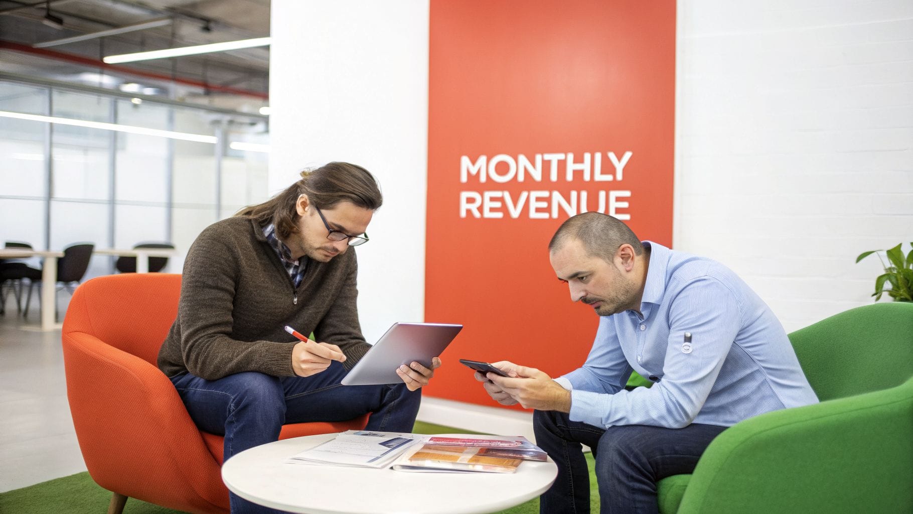 Two men in an office reviewing data on a tablet and smartphone, with a "MONTHLY REVENUE" sign.