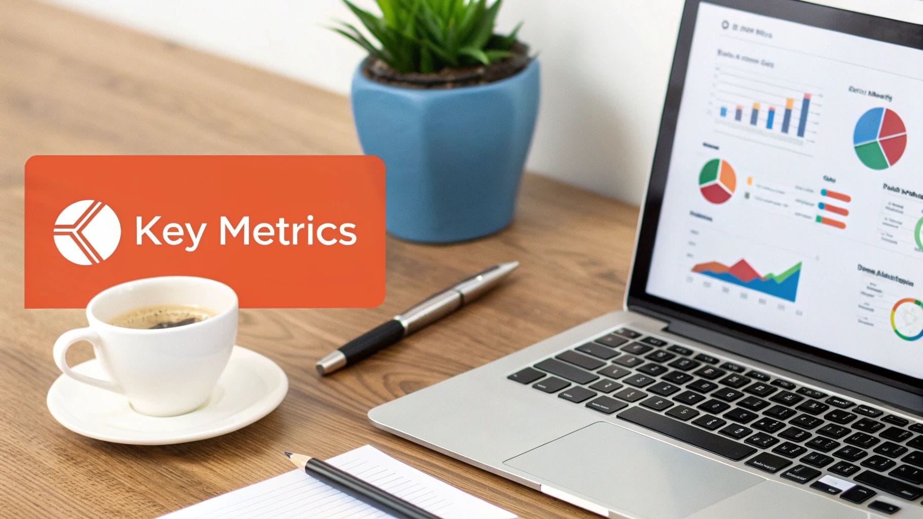 A laptop displaying various business charts and a 'Key Metrics' banner on a modern office desk.