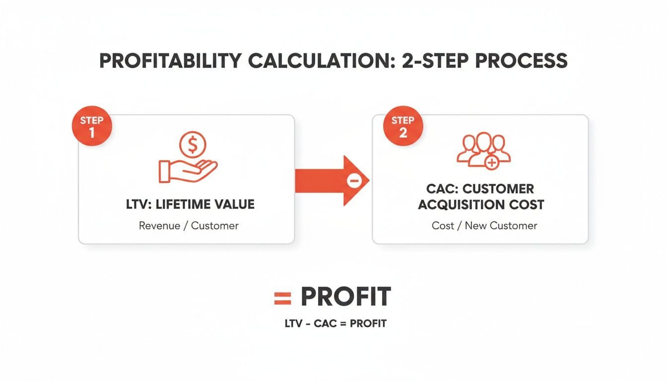 Diagram illustrating a 2-step profitability calculation: LTV (Lifetime Value) minus CAC (Customer Acquisition Cost) equals profit.