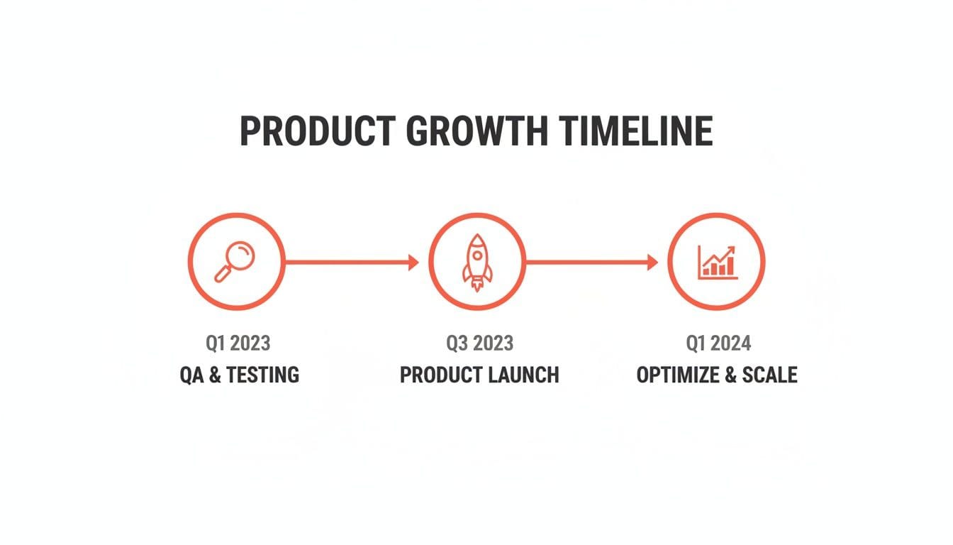 A product growth timeline infographic detailing phases: QA, launch, and optimization from Q1 2023 to Q1 2024.
