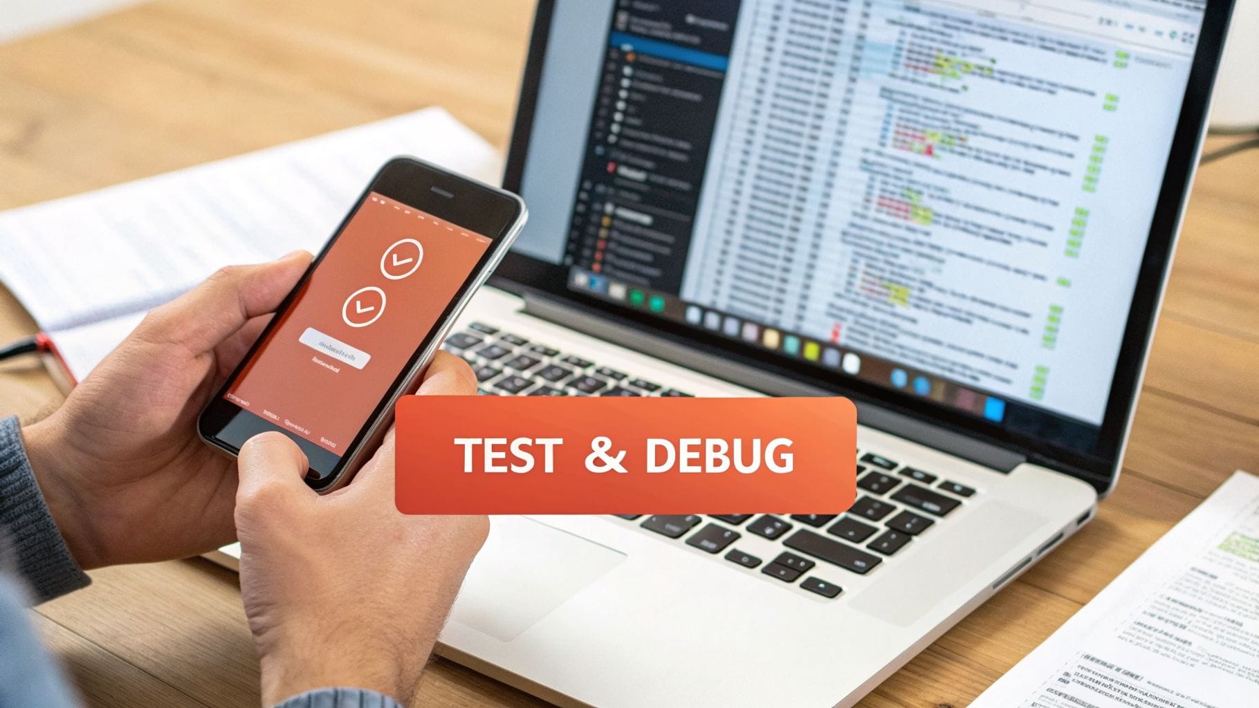 A person holds a smartphone, while a laptop screen in the background displays code, with a banner stating 'TEST & DEBUG'.