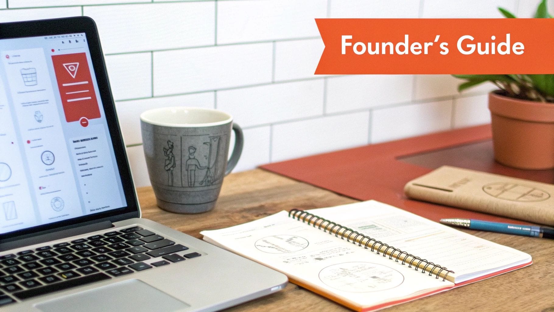 A desk with a laptop displaying a business app, a notebook, mug, and a banner saying 'Founder's Guide'.