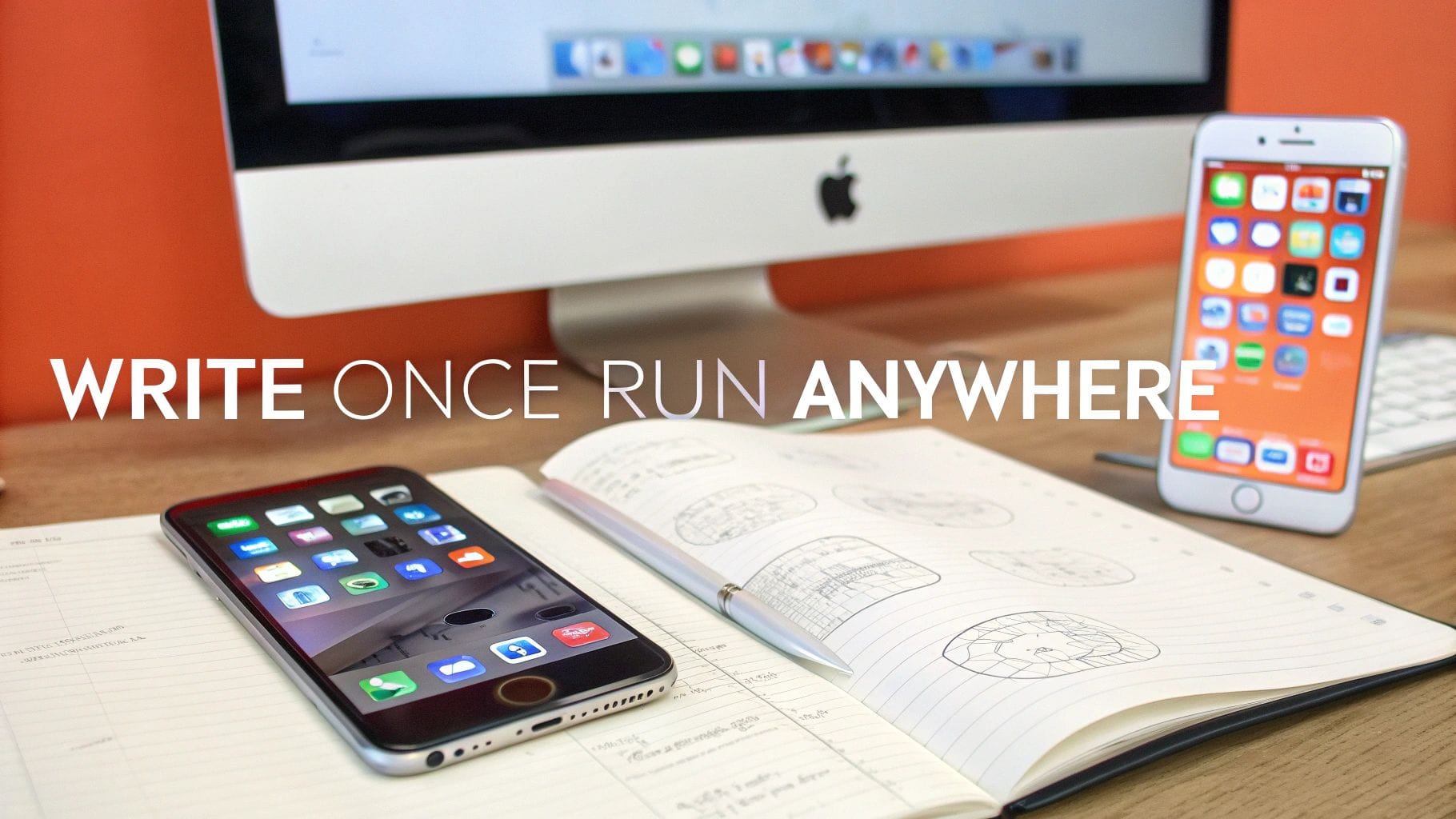 A desk setup with an Apple iMac, two iPhones, and a notebook, highlighting cross-platform development.