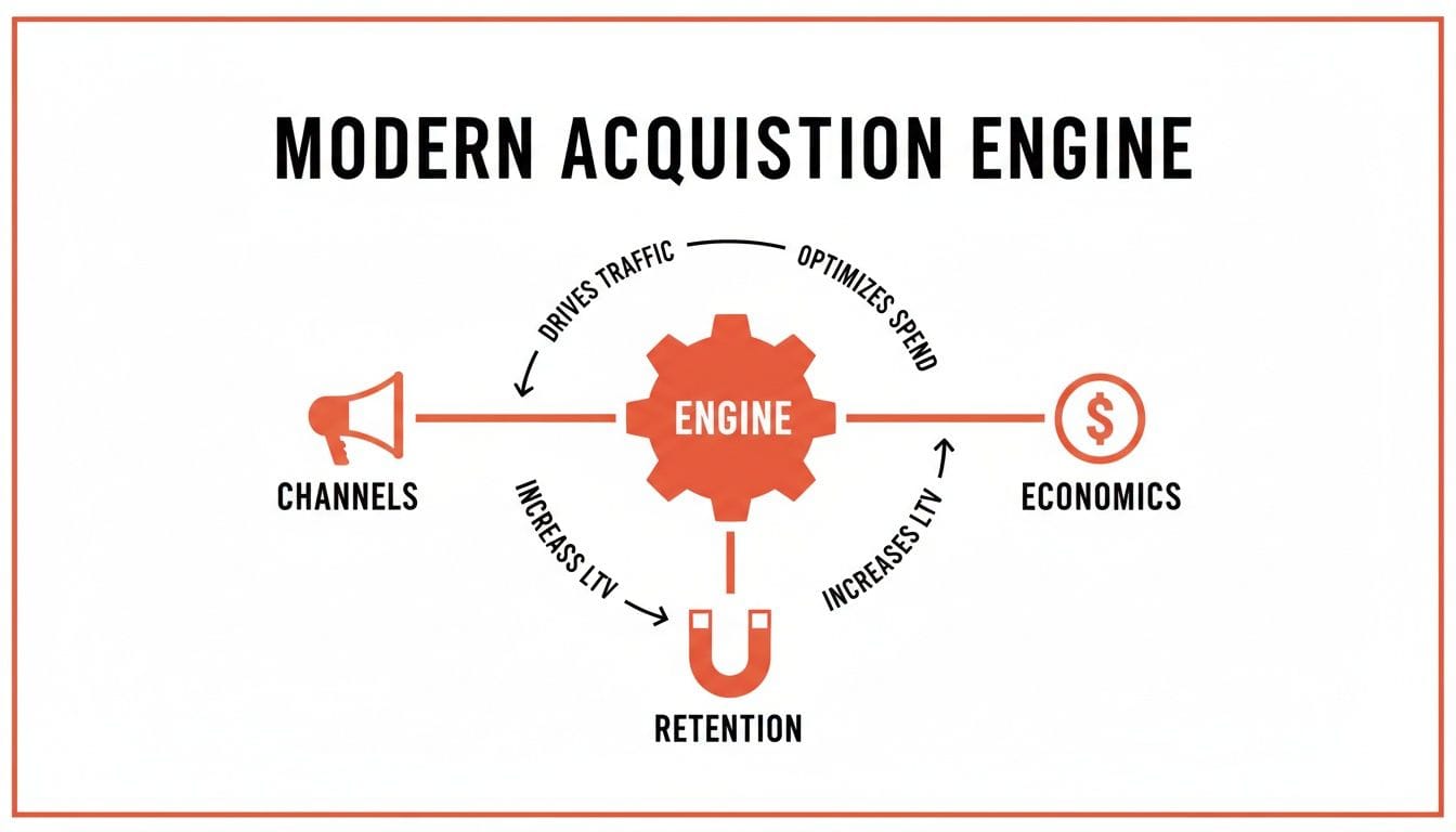 Diagram showing a modern acquisition engine with channels, economics, and retention cycling around a central gear.