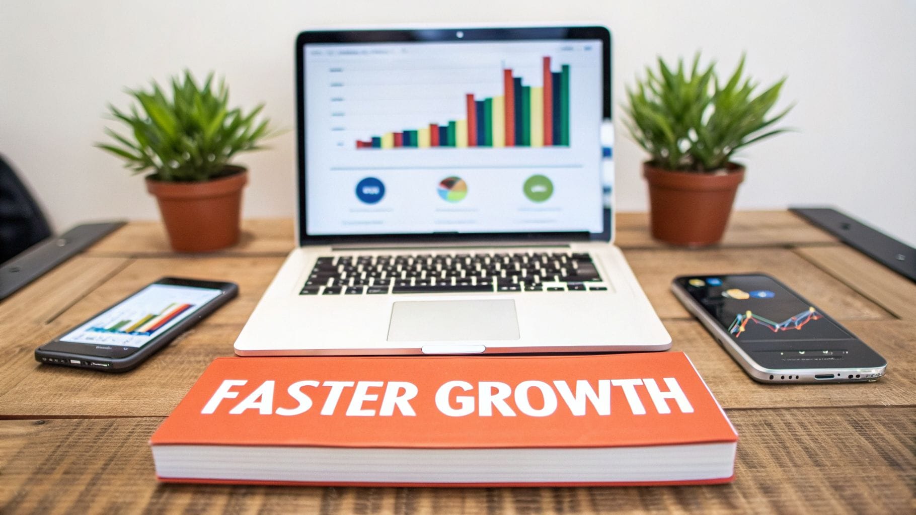 A wooden desk with a laptop showing charts, two phones, plants, and a 'FASTER GROWTH' book.