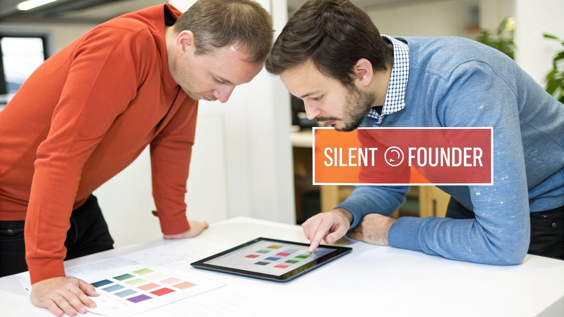 Two men collaborating on color choices for a design project, pointing at a tablet and color swatches.