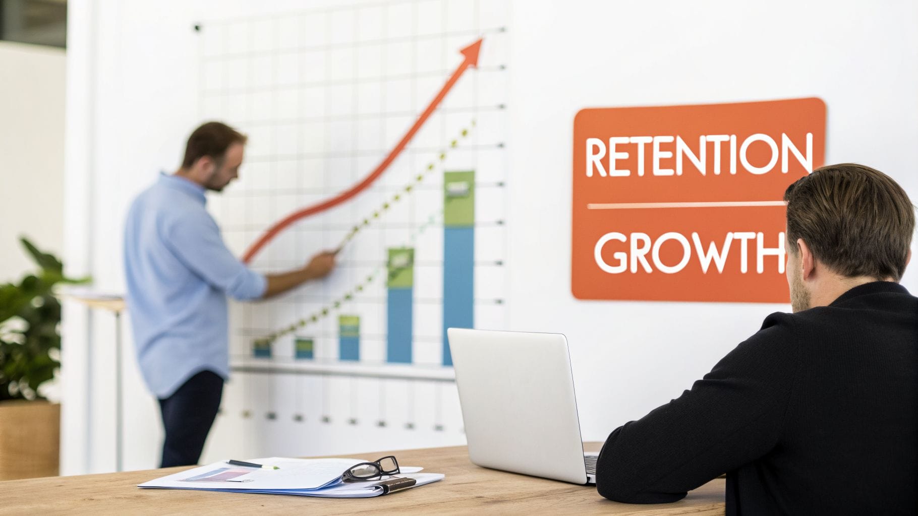 Two men discussing business growth and customer retention strategies in a modern office.
