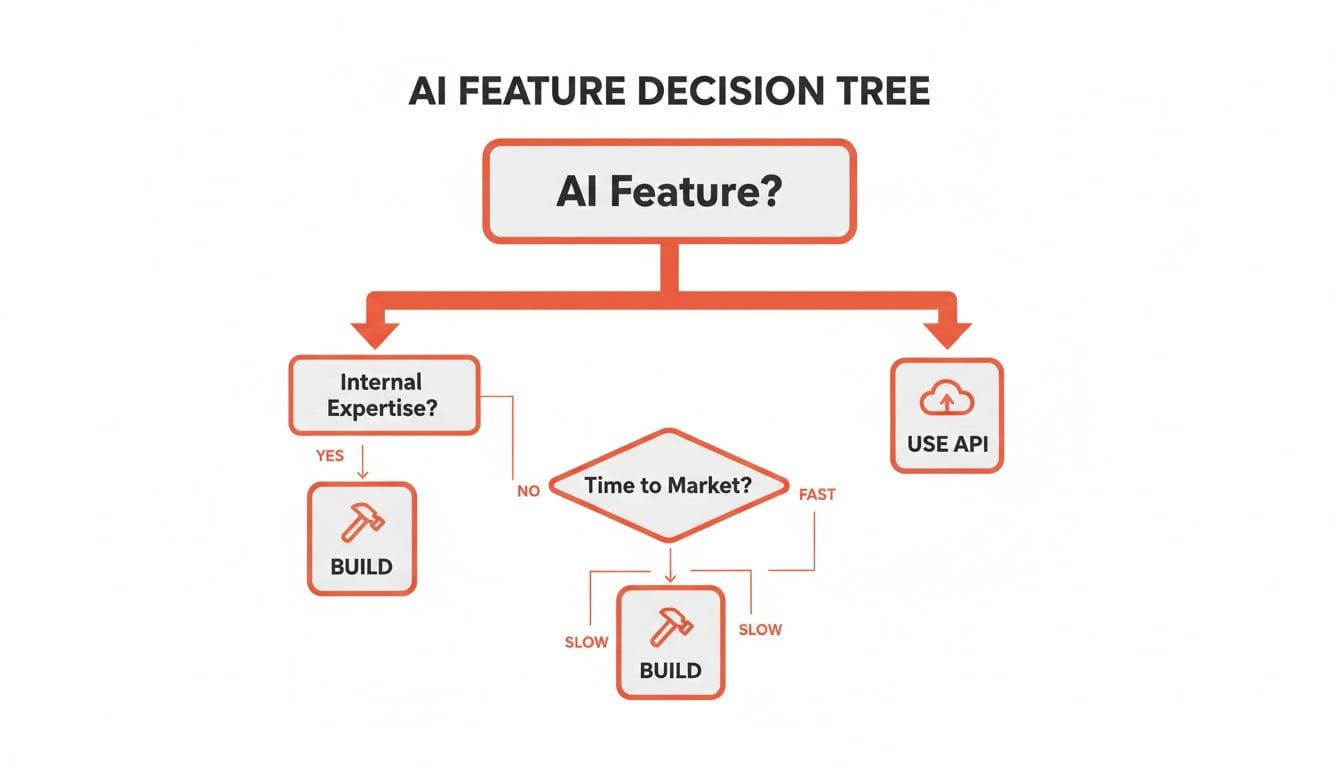 A decision tree flowchart guiding whether to build or use an API for an AI feature.