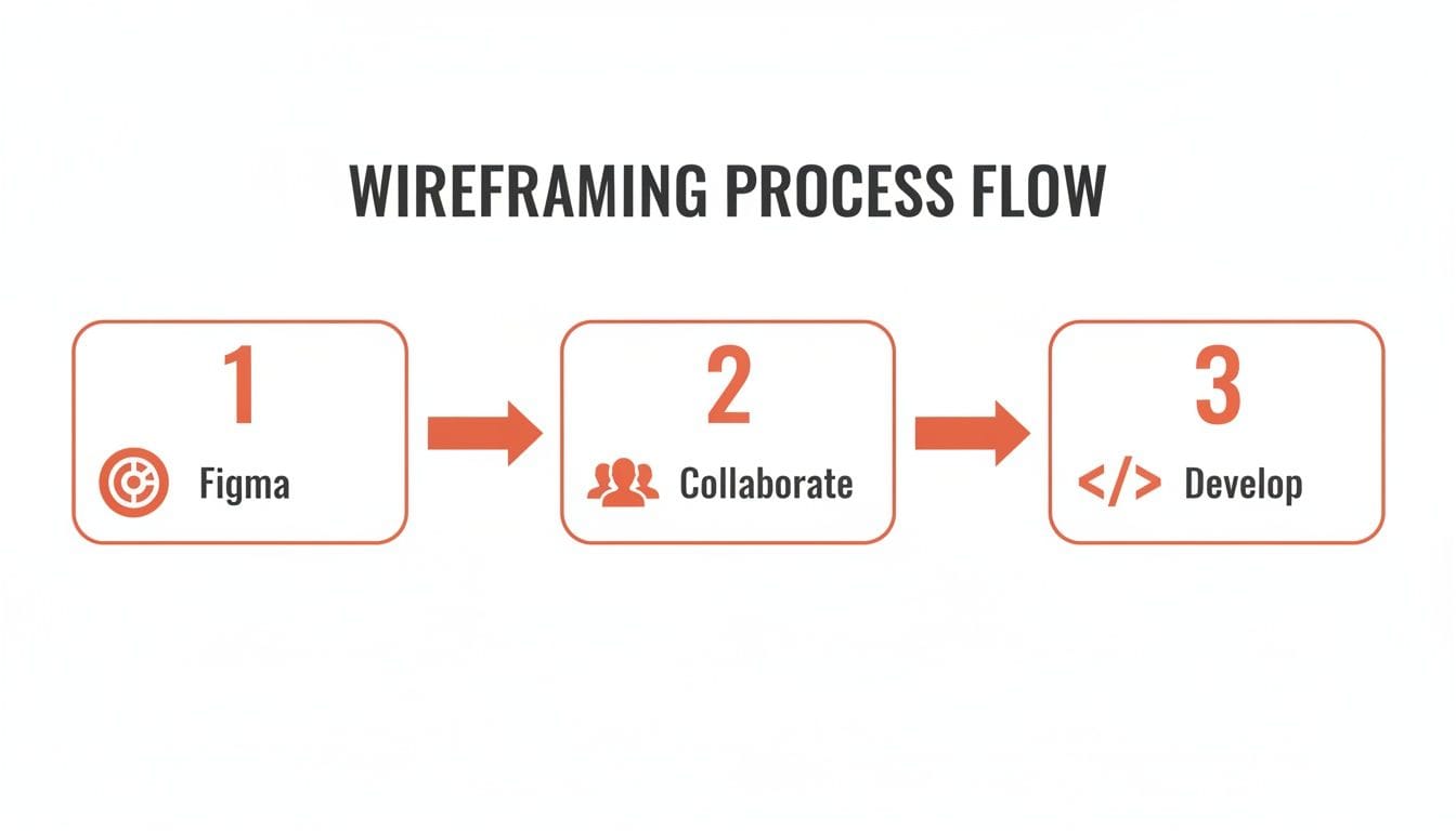 A diagram illustrating the wireframing process flow with three steps: Figma, Collaborate, and Develop.