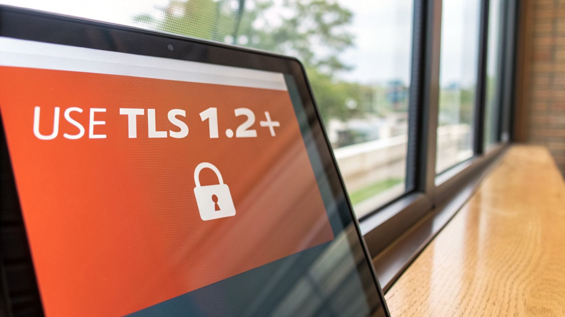 A laptop screen displays "USE TLS 1.2+" with a padlock icon, emphasizing secure digital communication.