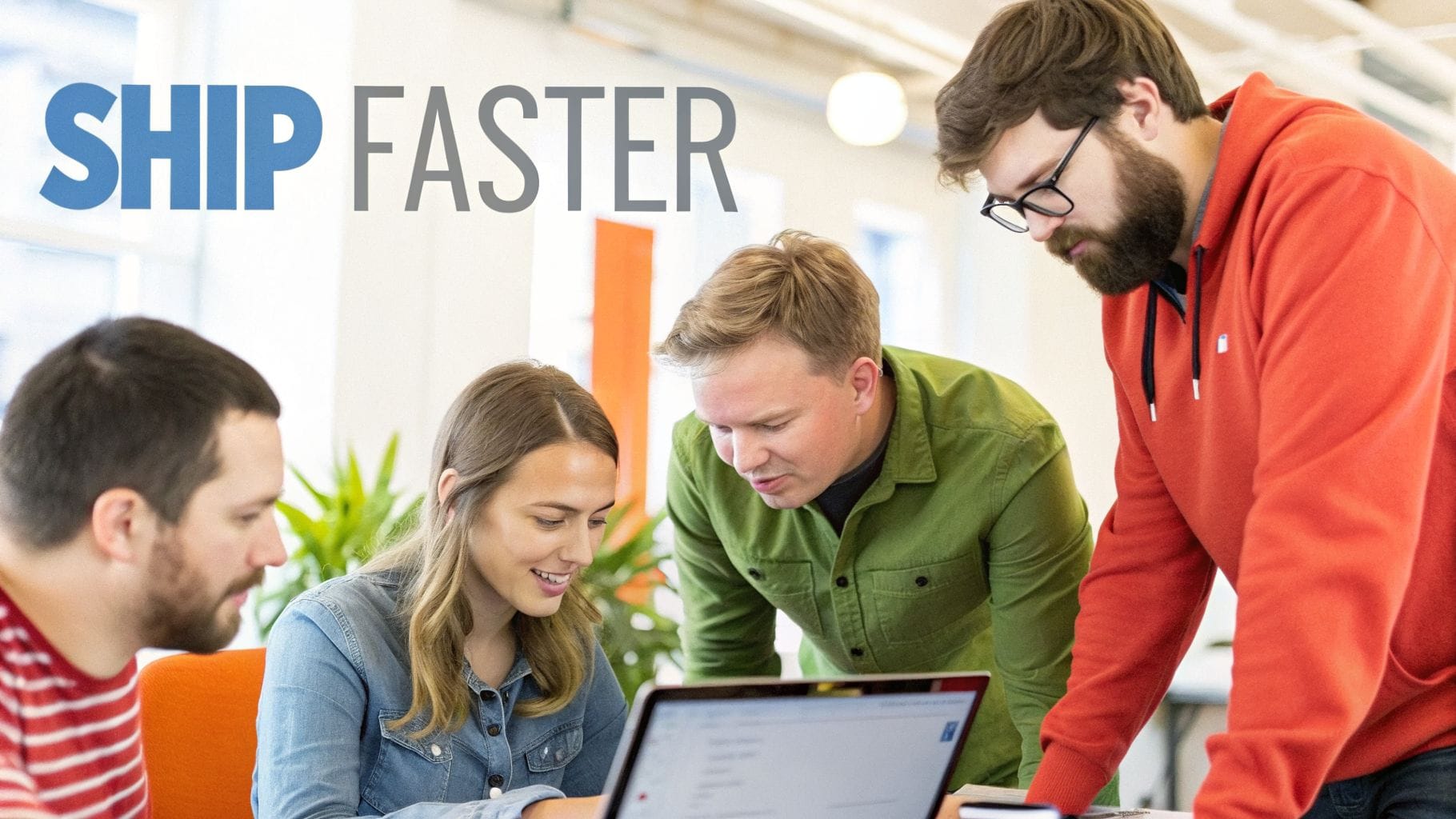 A diverse team of four professionals collaborating around a laptop in a bright office.