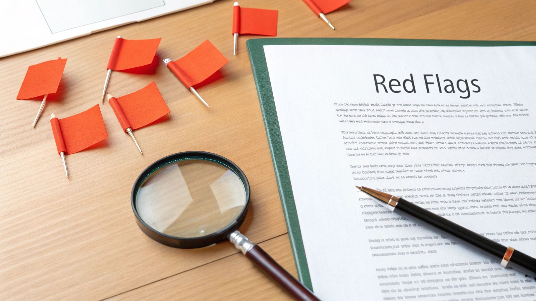 Desk with 'Red Flags' document, red pins, magnifying glass, and pen for issue identification.