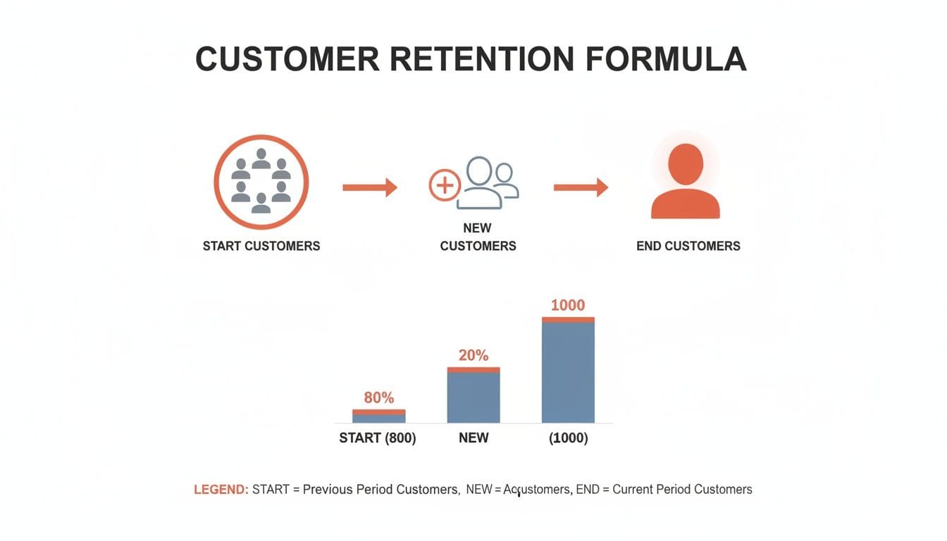 Diagram illustrating customer retention formula with start, new, and end customers, supported by a bar chart.