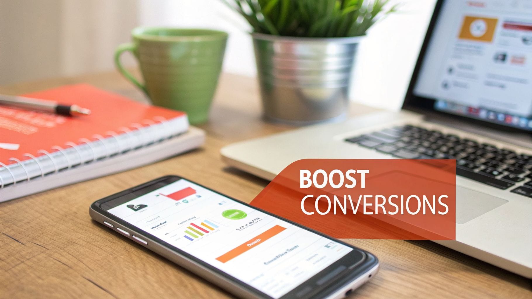 A modern desk setup with a smartphone displaying analytics, a laptop, notebook, and a 'BOOST CONVERSIONS' overlay.