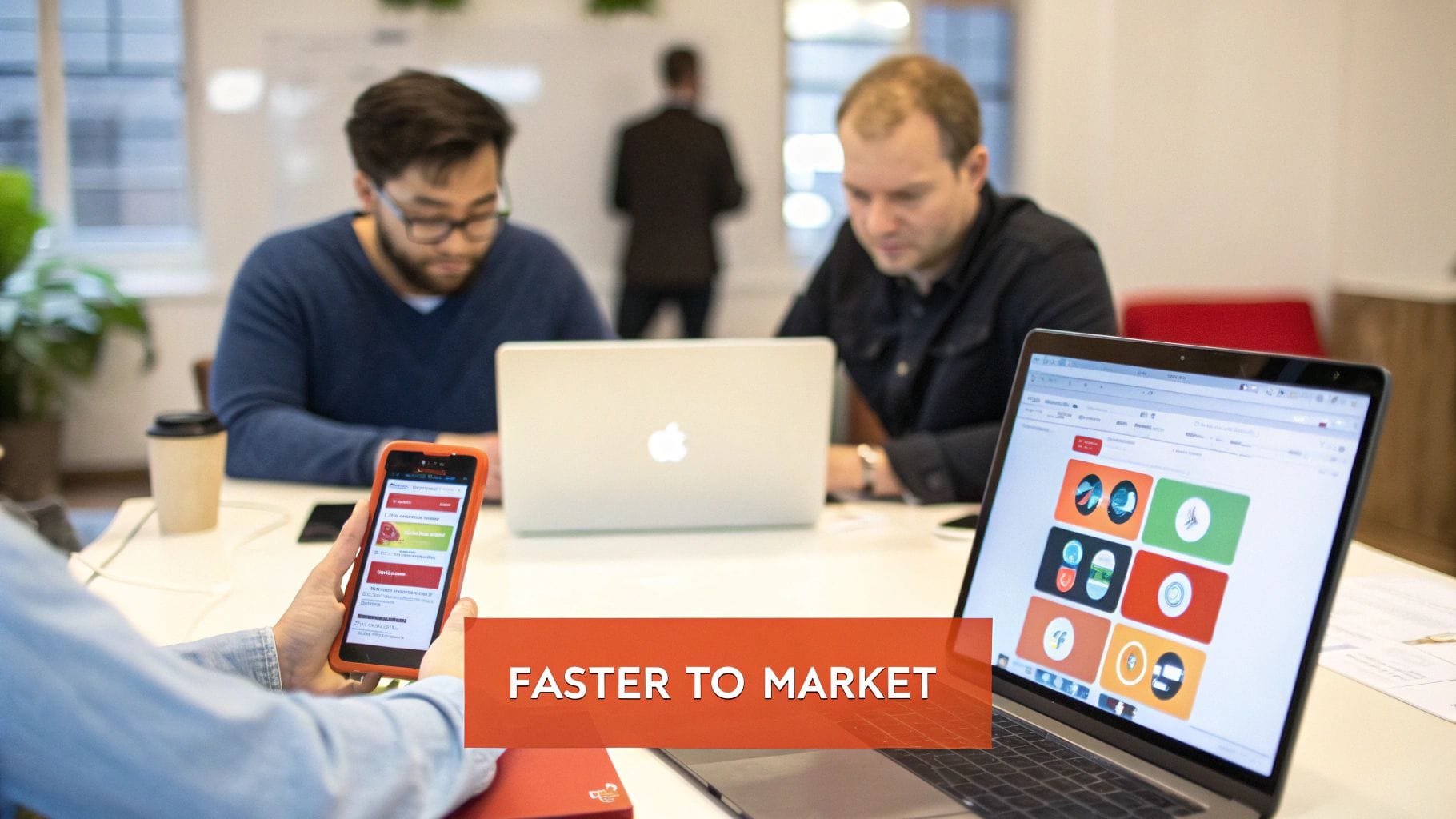 Diverse team collaborating in an office with laptops and a smartphone, highlighting quick market entry.