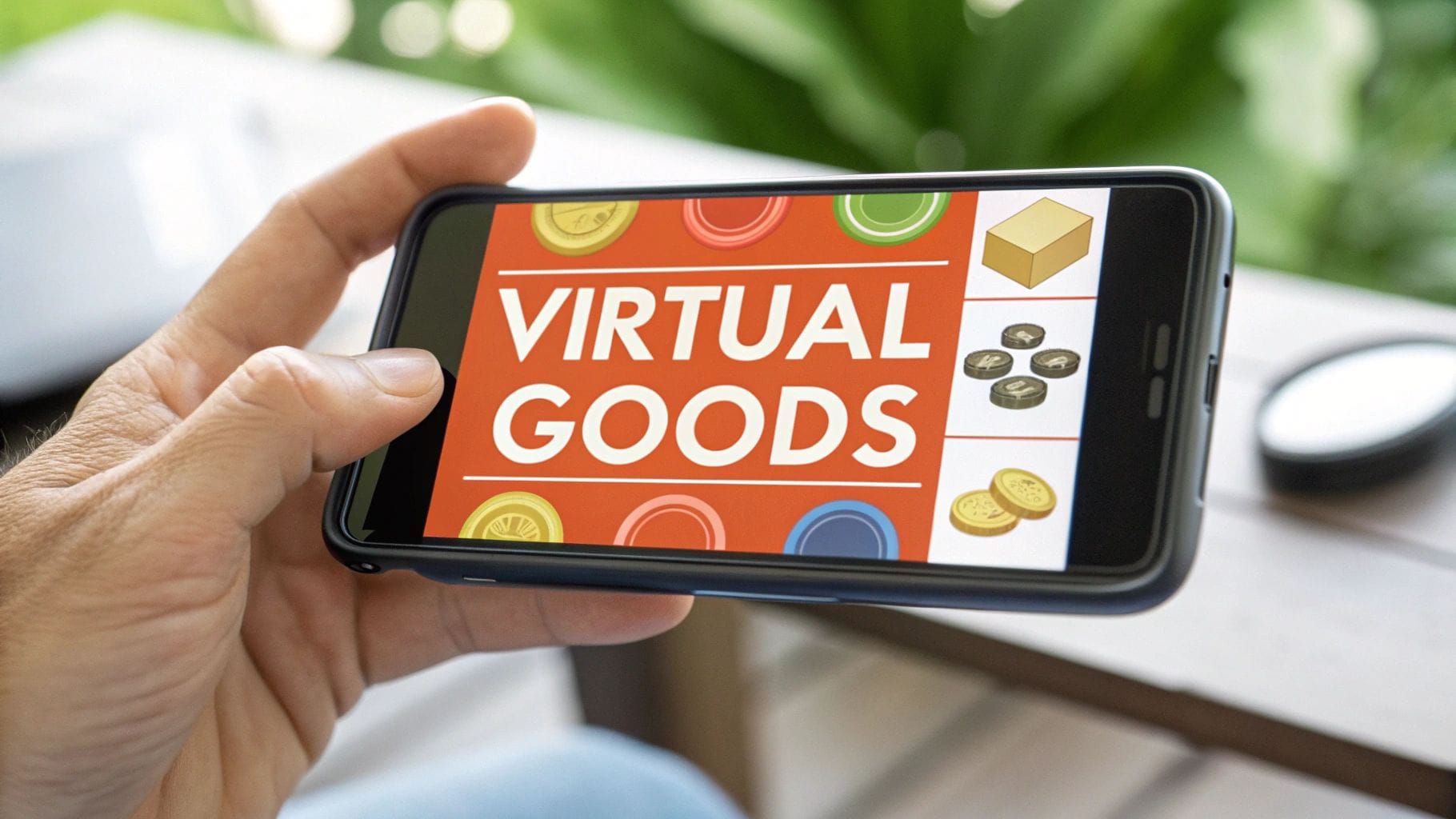 A person holds a smartphone displaying 'VIRTUAL GOODS' with illustrations of digital coins and assets.