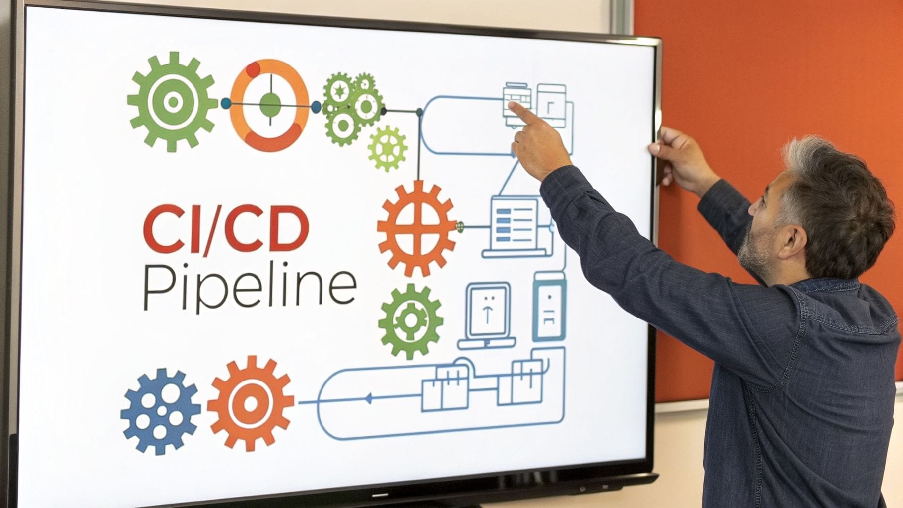 A man explains a CI/CD Pipeline diagram on a large screen, illustrating the continuous integration and delivery process.