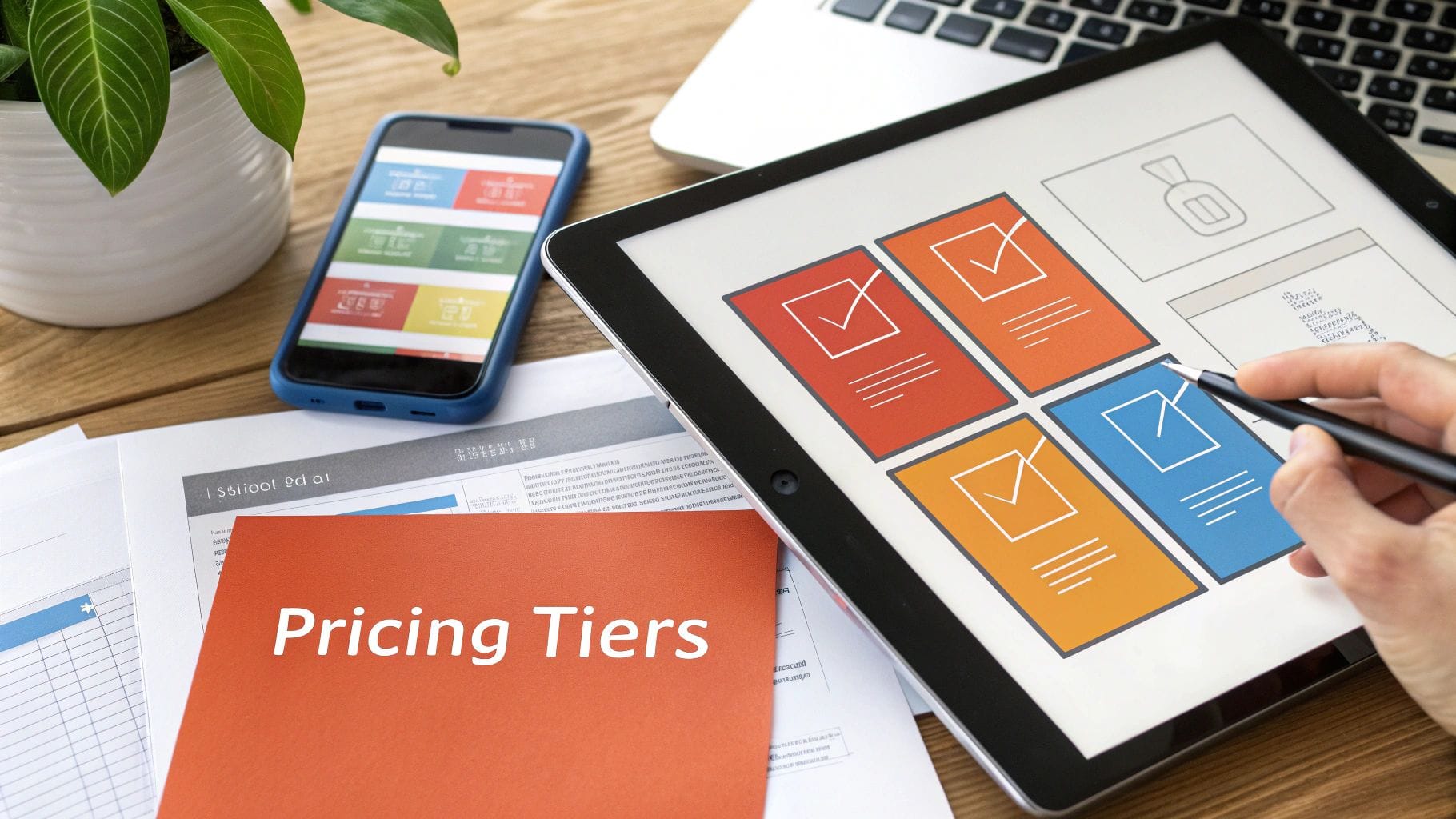 A person using a stylus on a tablet displaying pricing tiers, with a 'Pricing Tiers' document.