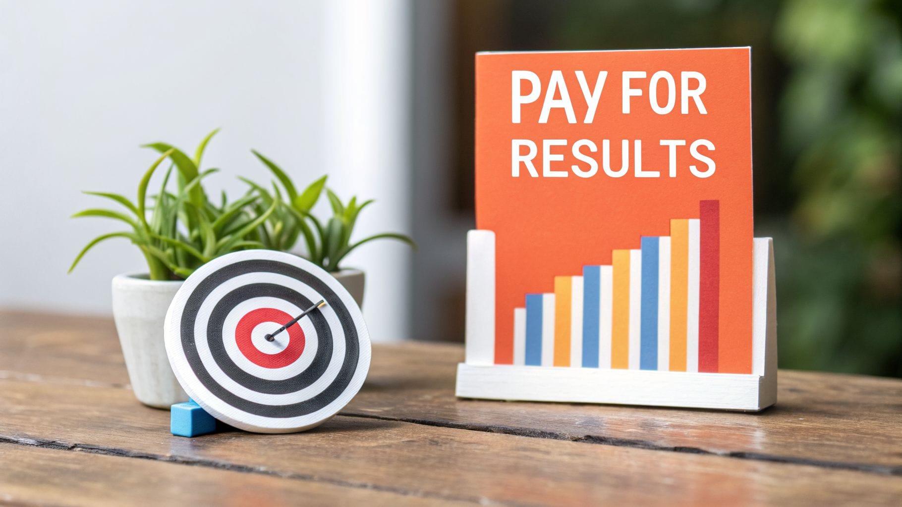 A target with a bullseye hit, a plant, and a card saying 'PAY FOR RESULTS' with a bar graph, on a wooden desk.