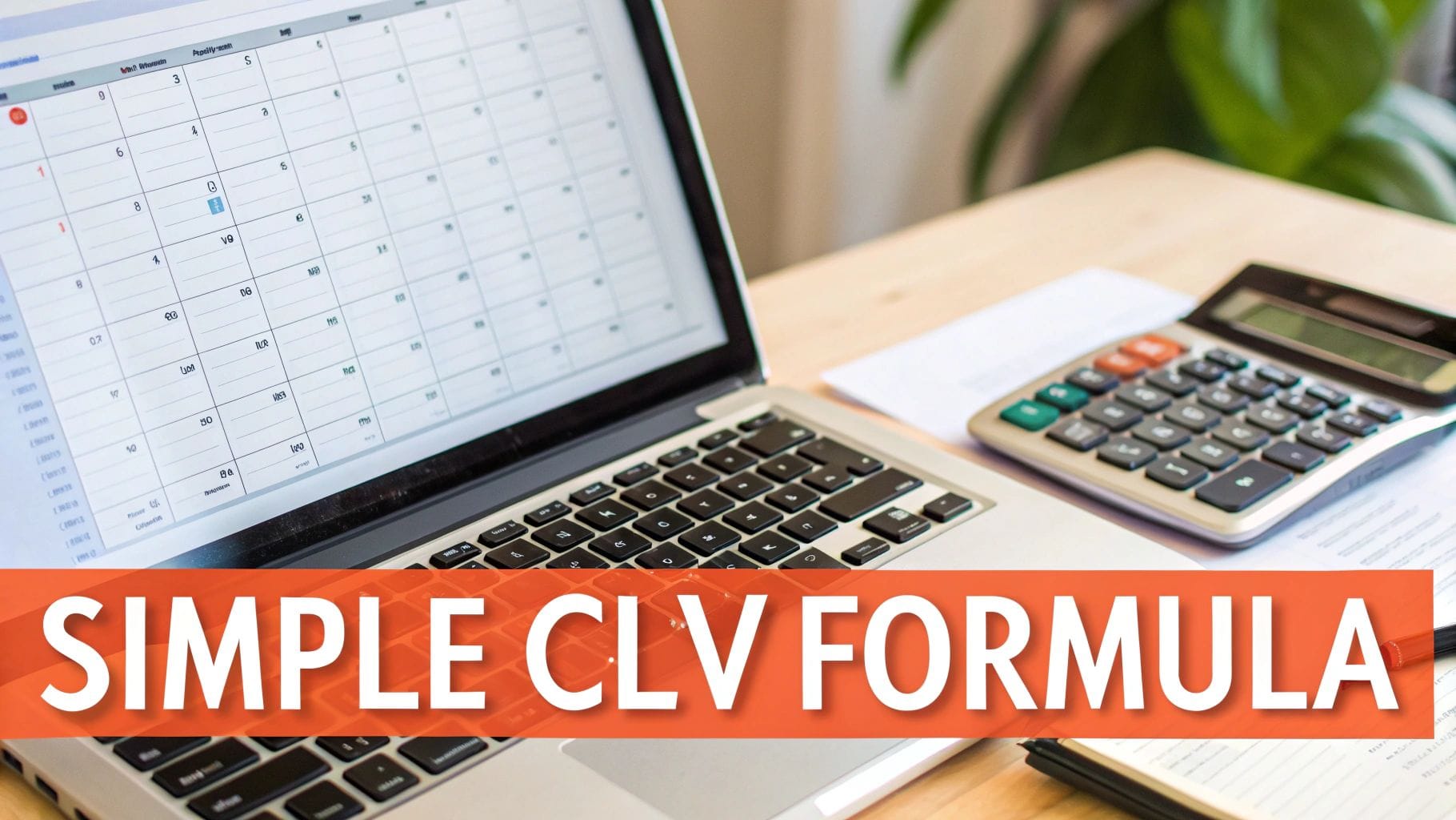 A laptop displaying a spreadsheet, a calculator, and a pen on a desk with an overlay 'SIMPLE CLV FORMULA'.