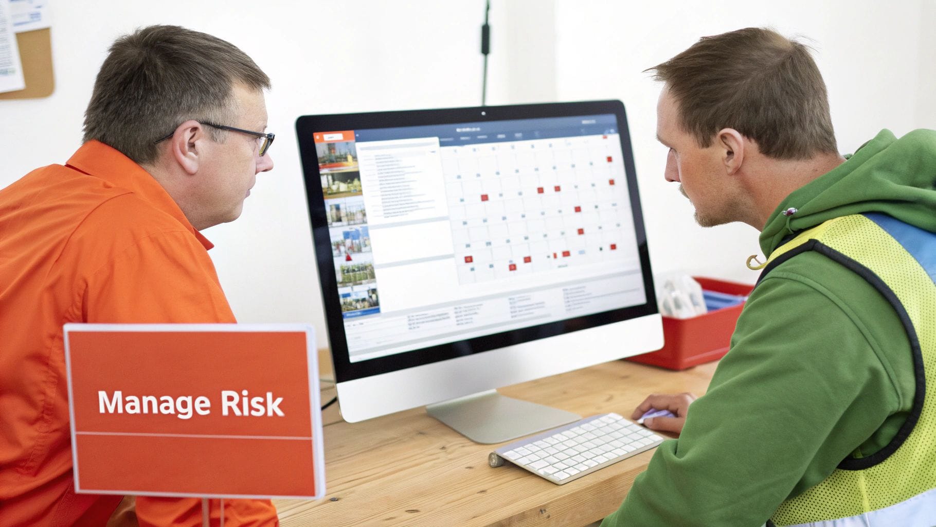 Two project managers analyzing risks on a computer screen, with a 'Manage Risk' display.