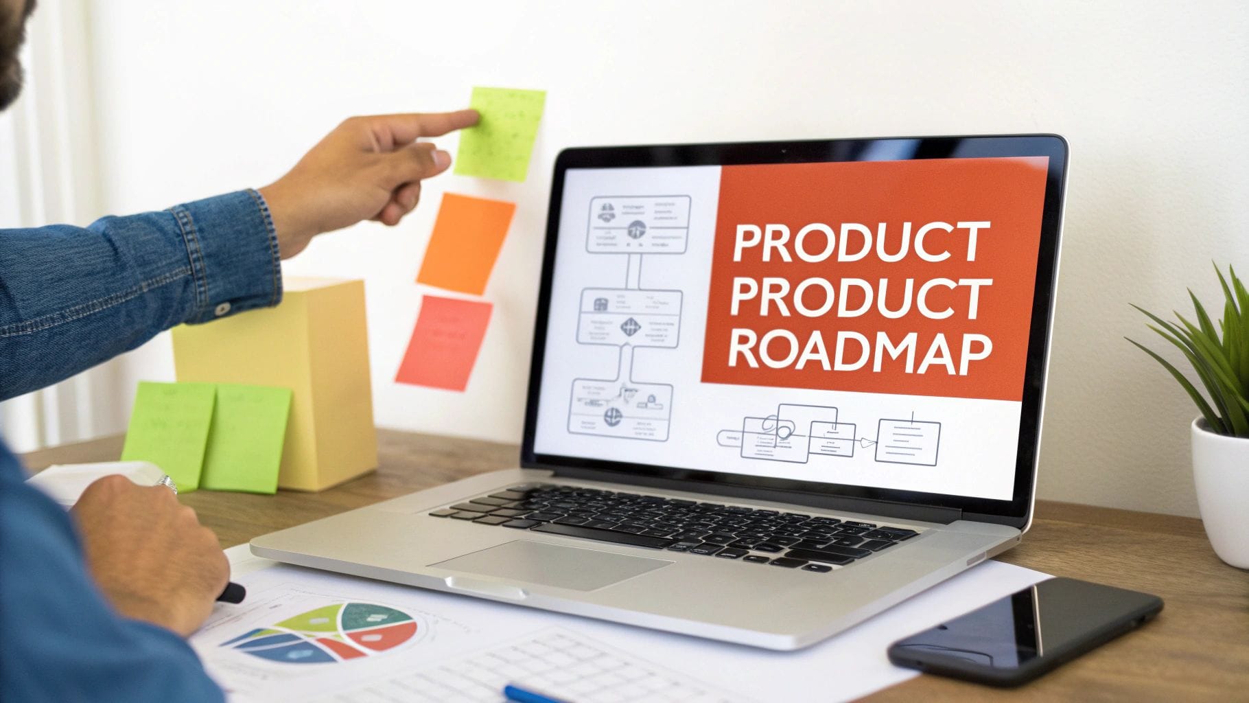 A person points to sticky notes on a wall, planning a product roadmap displayed on a laptop.