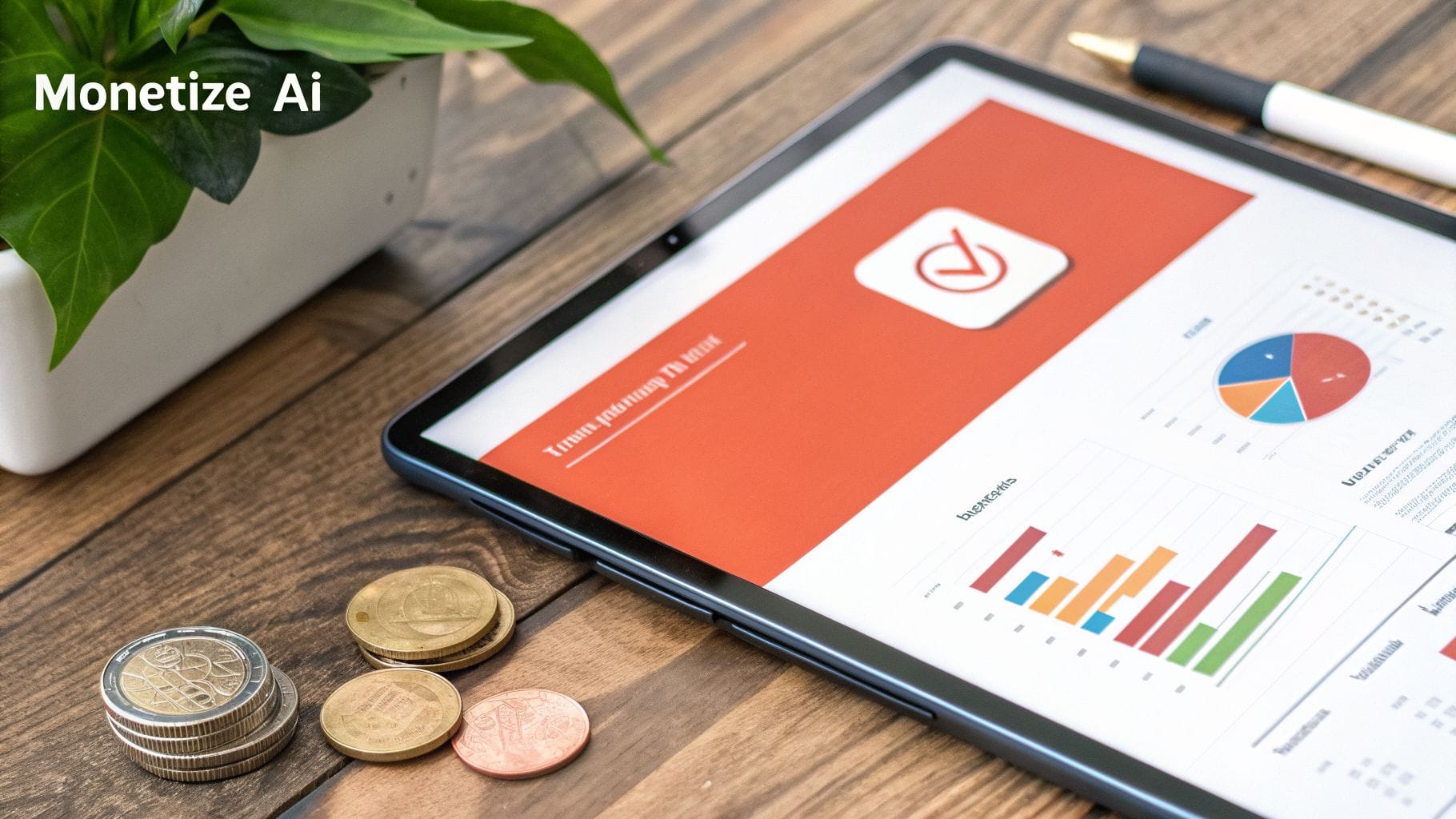 A tablet showing financial charts and graphs with coins, a plant, and text 'Monetize Ai' on a wooden desk.