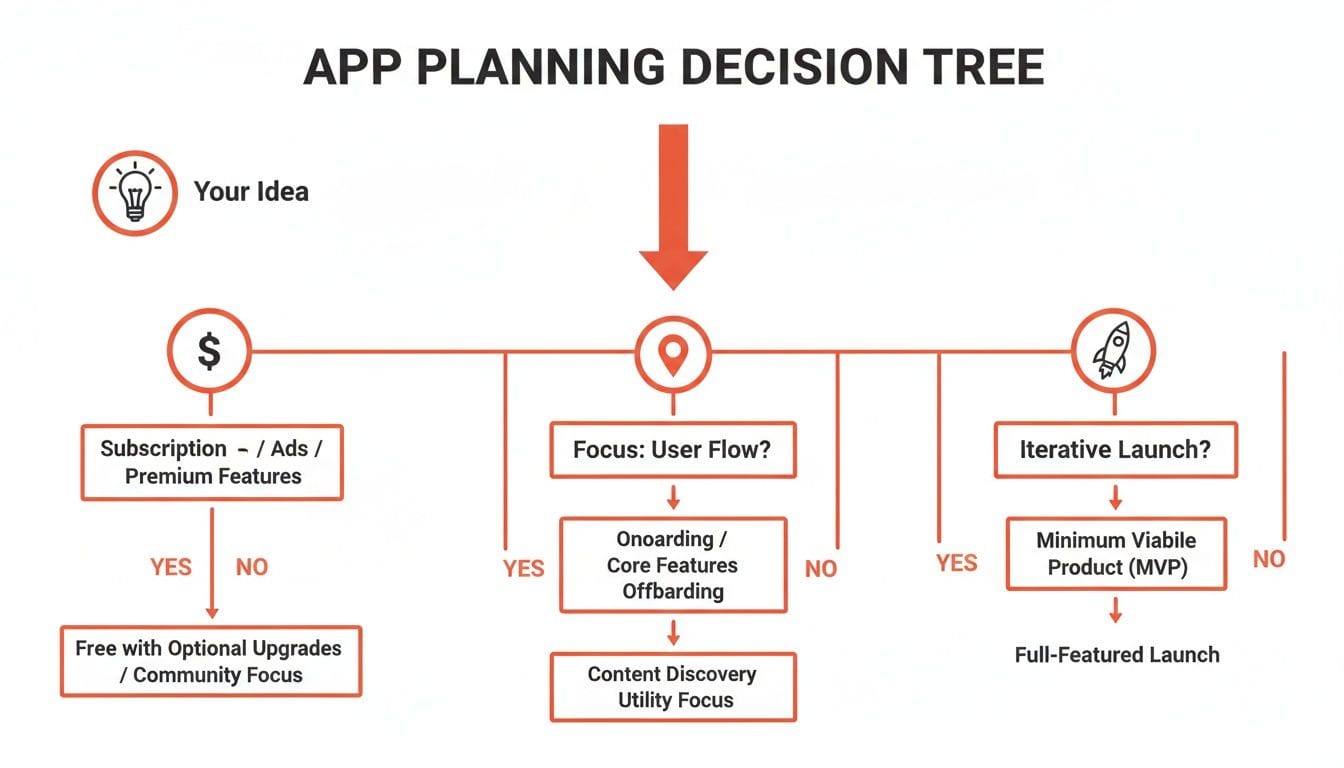 A decision tree diagram illustrating the process of app planning, covering monetization, user flow, and launch strategies.