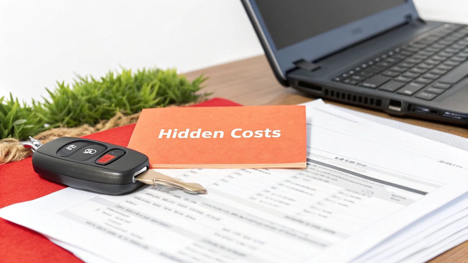A car key next to a "Hidden Costs" paper, financial documents, and a laptop on a wooden desk.