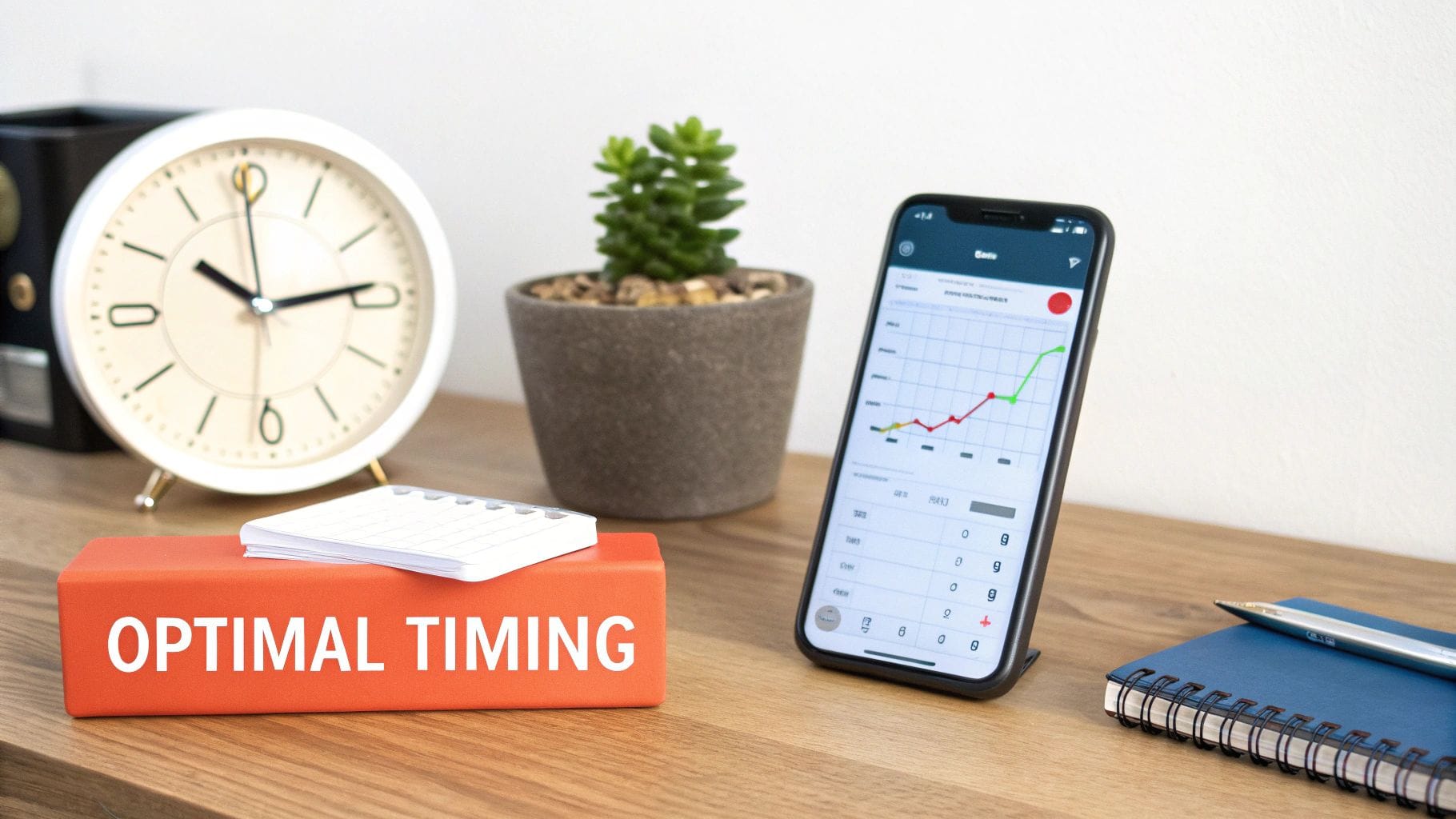 A workspace with a clock, plant, smartphone displaying a graph, and 'OPTIMAL TIMING' sign.