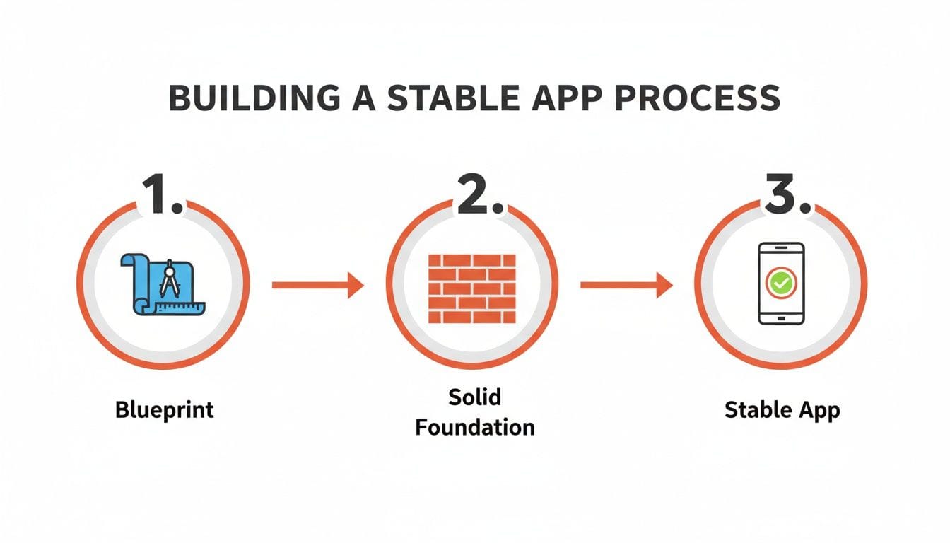 Diagram illustrating building a stable app process: blueprint, solid foundation, and stable app.