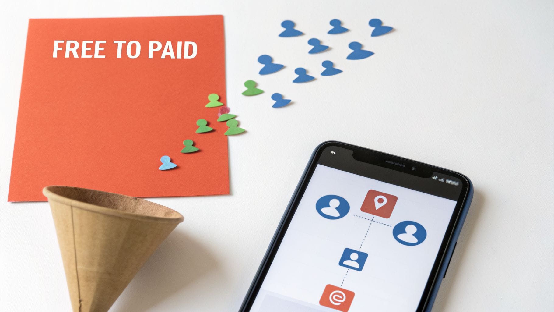 Free to paid conversion funnel with paper people, a smartphone, and a sign.