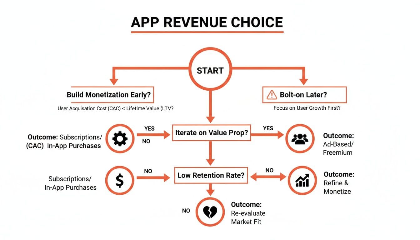 Flowchart illustrating app revenue decisions, including early monetization, user growth, and value proposition iteration.