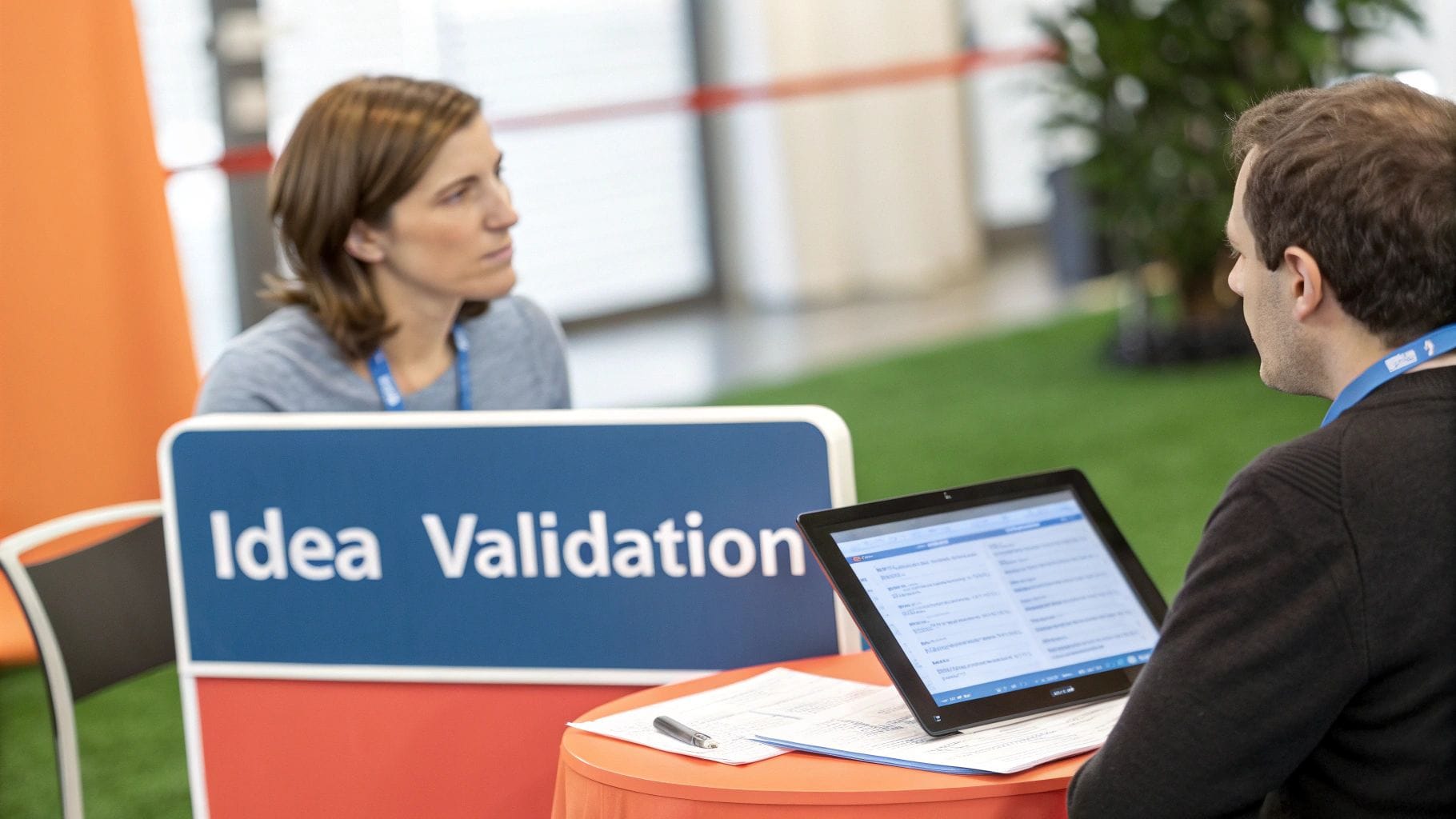 Two people at an 'Idea Validation' booth, one looking at a tablet during a business event.