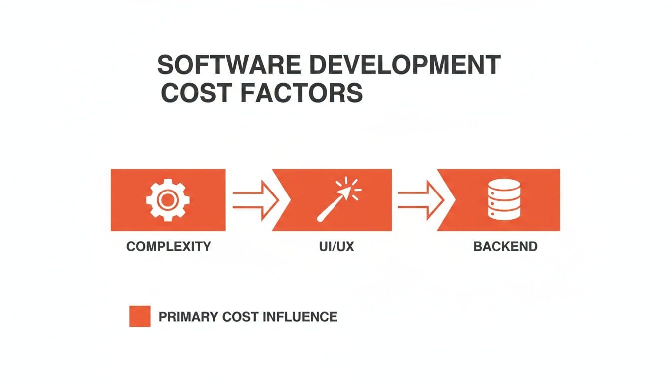 Diagram illustrating software development cost factors: Complexity, UI/UX, and Backend, showing their sequential influence.