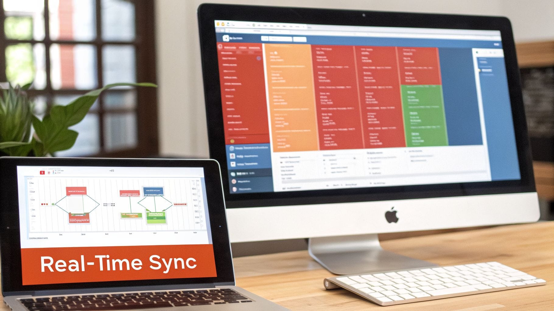 A modern desk setup featuring a laptop and iMac displaying workflow software with 'Real-Time Sync'.
