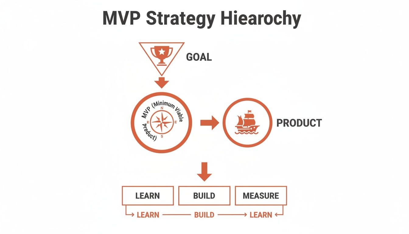 A diagram outlining the MVP strategy hierarchy from goal to product, featuring a learn-build-measure loop.