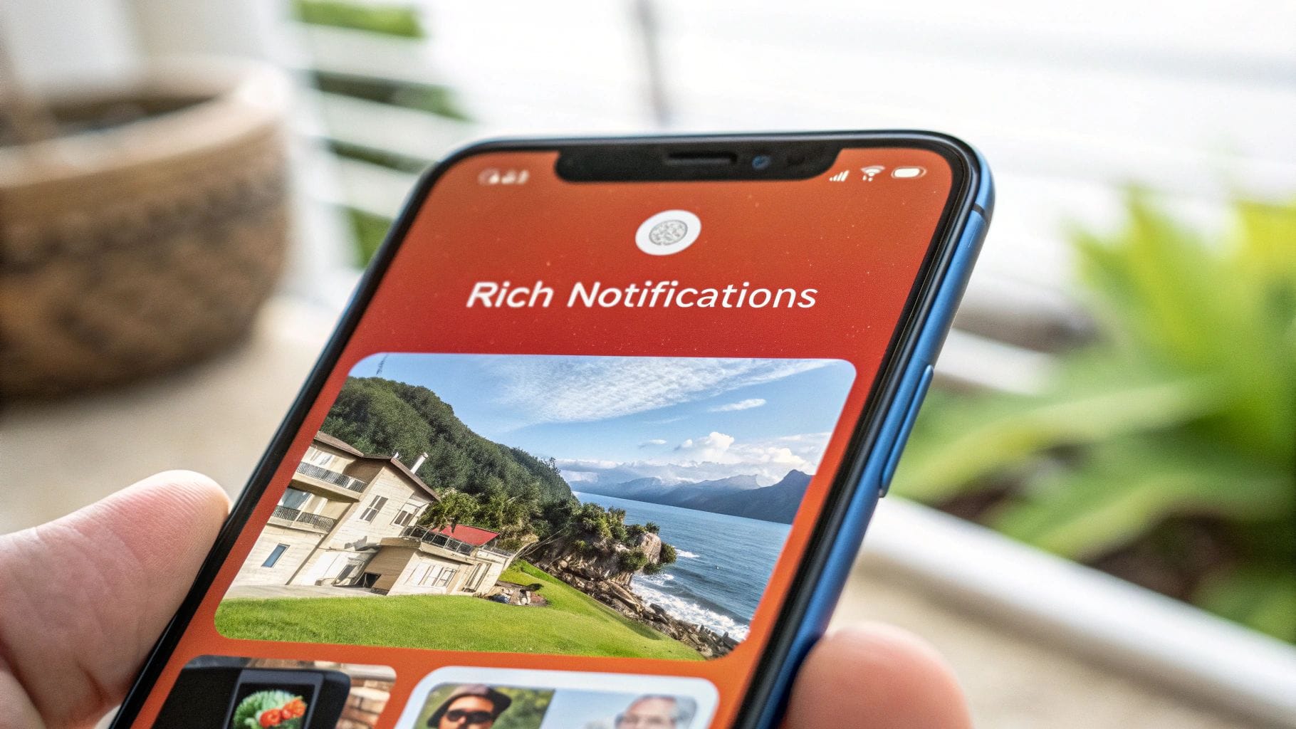 A person holds a blue smartphone displaying an app with "Rich Notifications" and a scenic house and ocean image.