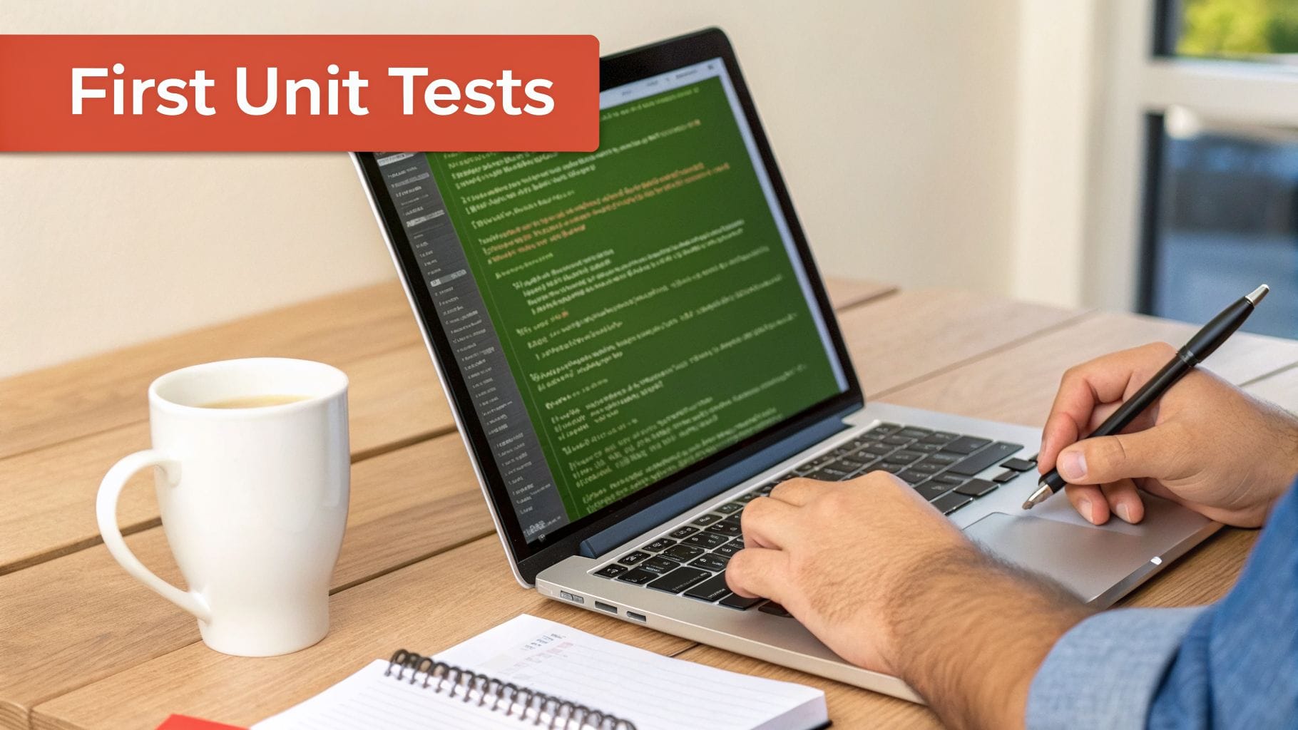 Person coding unit tests on a laptop with a coffee cup and notebook on a wooden desk.