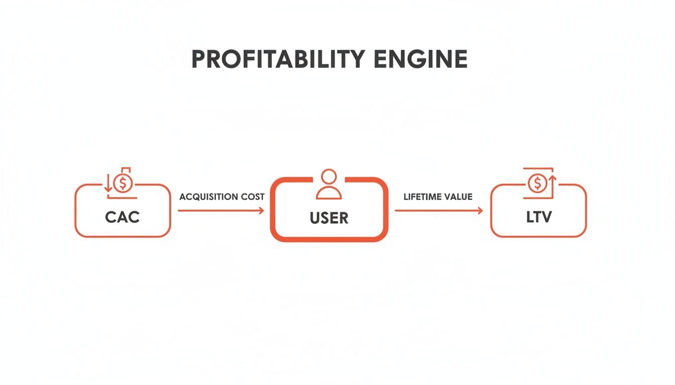 Diagram illustrating the Profitability Engine with Customer Acquisition Cost (CAC), User, and Lifetime Value (LTV).